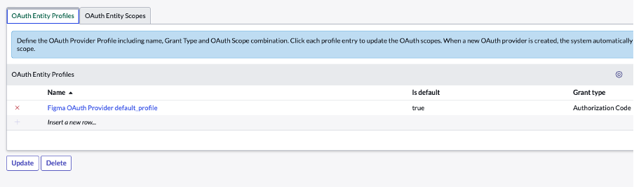 In the OAuth Entity Profiles tab, existing profiles like the "Figma OAuth Provider" with the Authorization Code grant type are shown, along with options to update, delete, or add profiles.