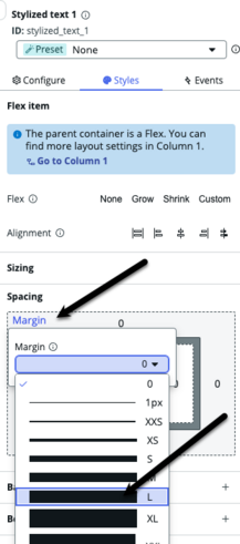 Configuration panel for stylized text component with black arrow pointing to margin option and large size option.