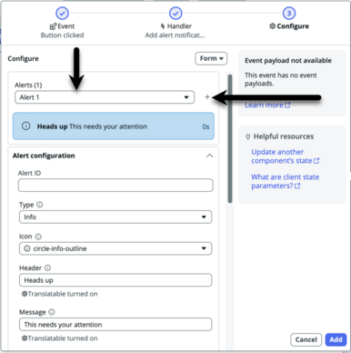 Configure event dialog with arrows pointing to the alert dropdown and add alert buttons.