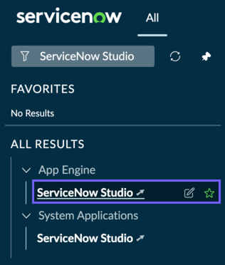 모두 메뉴에서 ServiceNow 스튜디오를 검색하여 선택합니다.