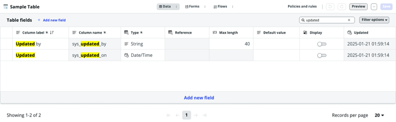 Search for a table column.