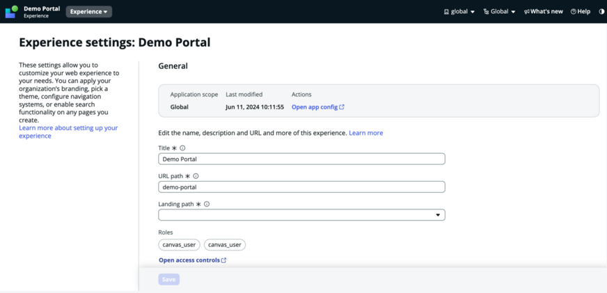 Portal edit experience settings screen.