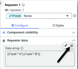 Configure panel for repeater component with black arrow pointing to data array field bind data icon.