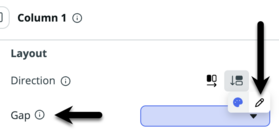 In the configuration panel, a black arrow pointing to the gap field and a second black arrow pointing to the use custom value icon.
