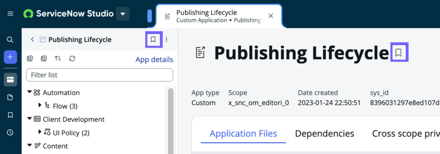 Bookmark applications by opening them in the canvas and selecting the bookmark icon next to the application name