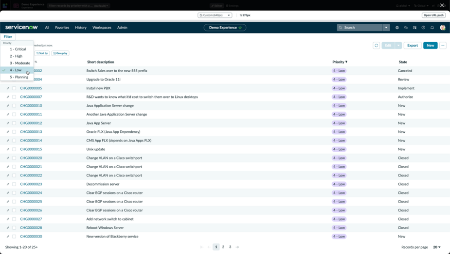 Preview of UI Builder page showing the record list filtered for a specific priority.