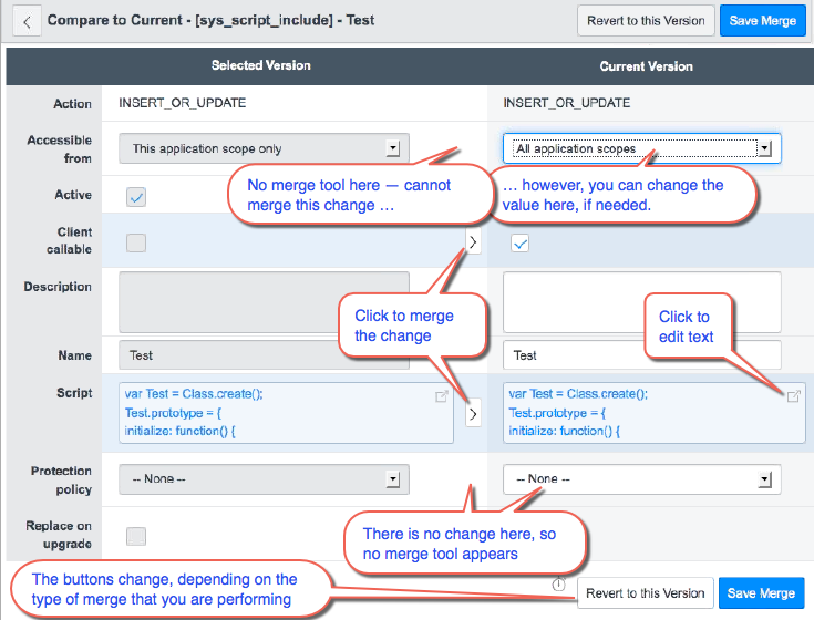 The Compare to Current page includes a diff/merge tool that highlights the fields that differ.