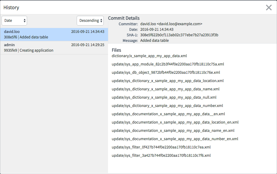 History window displaying two commit changes: one from the user david.loo and one from the user admin.