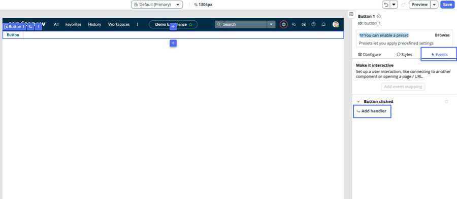 Button selected on a page, with Events tab displayed.