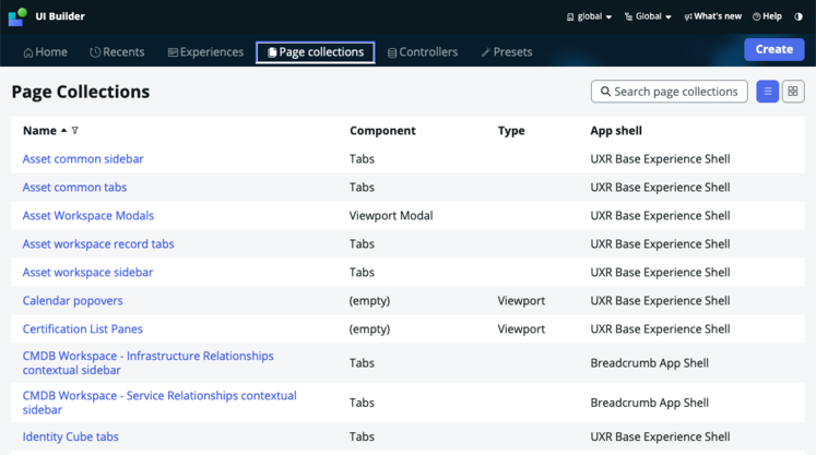 List of page collections on the UI Builder homepage.