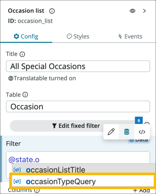 The occasionTypeQuery client state parameter is highlighted in the Filter configuration option.