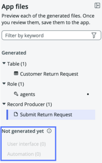ServiceNow 스튜디오 아직 생성되지 않은 앱 미리 보기 파일 목록 섹션이 강조 표시되어 있습니다.