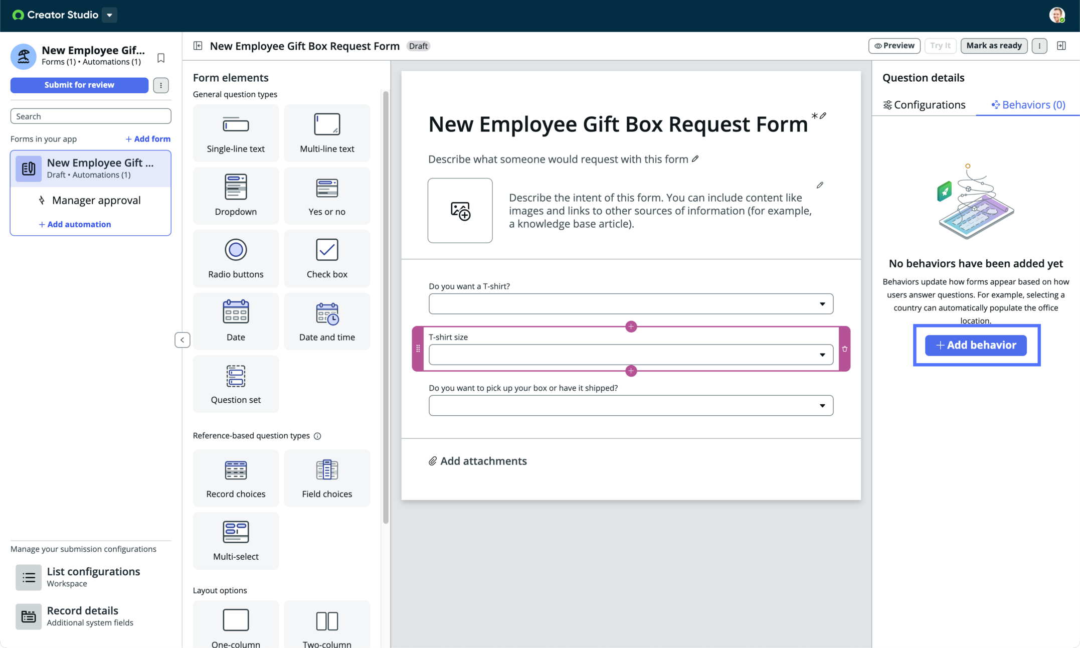 Add behavior button on the Question details panel