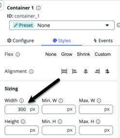 Styles tab for container component with black arrow pointing to completed width field.