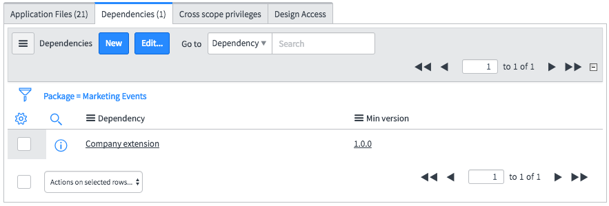 The Dependencies related list for the Marketing Events application displays one dependency to the Company extension plugin.