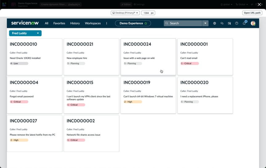 Preview of UI Builder page showing the card display filtered for a specific user.
