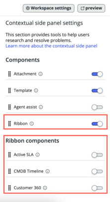 Ribbon component selected in settings