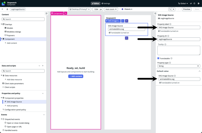 Custom component building UI with arrows pointing to the Property label, Property ID, and SVG Image Source fields in the configuration panel.