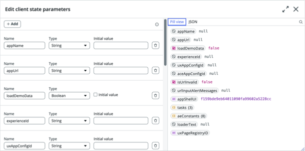Client state parameters found in the data shelf.