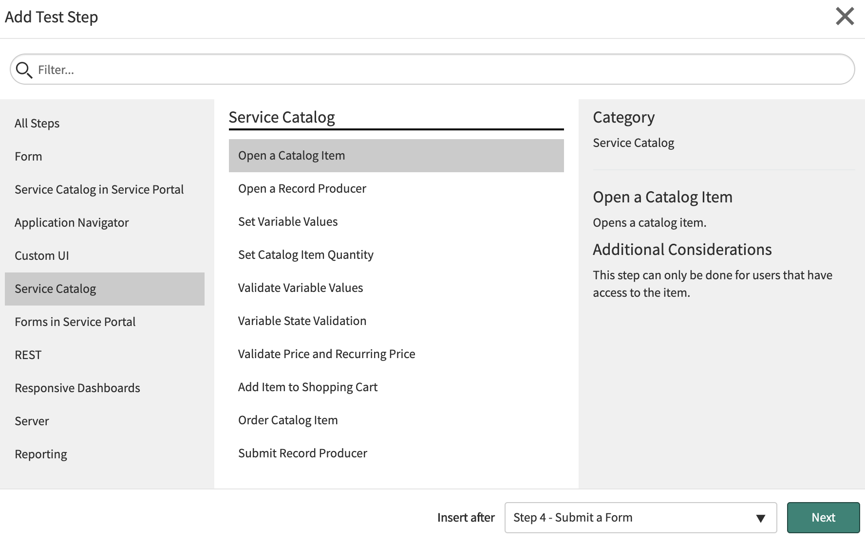 Add Test Step – Service Catalog steps