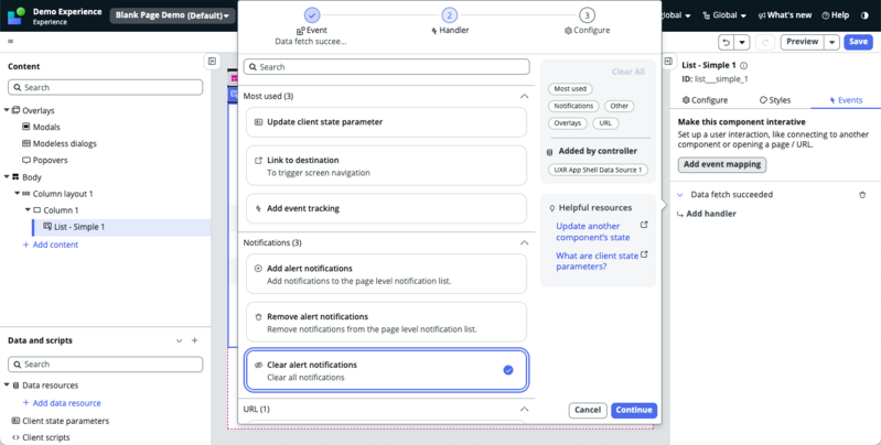 Clear alert notifications when a row is clicked in a list.