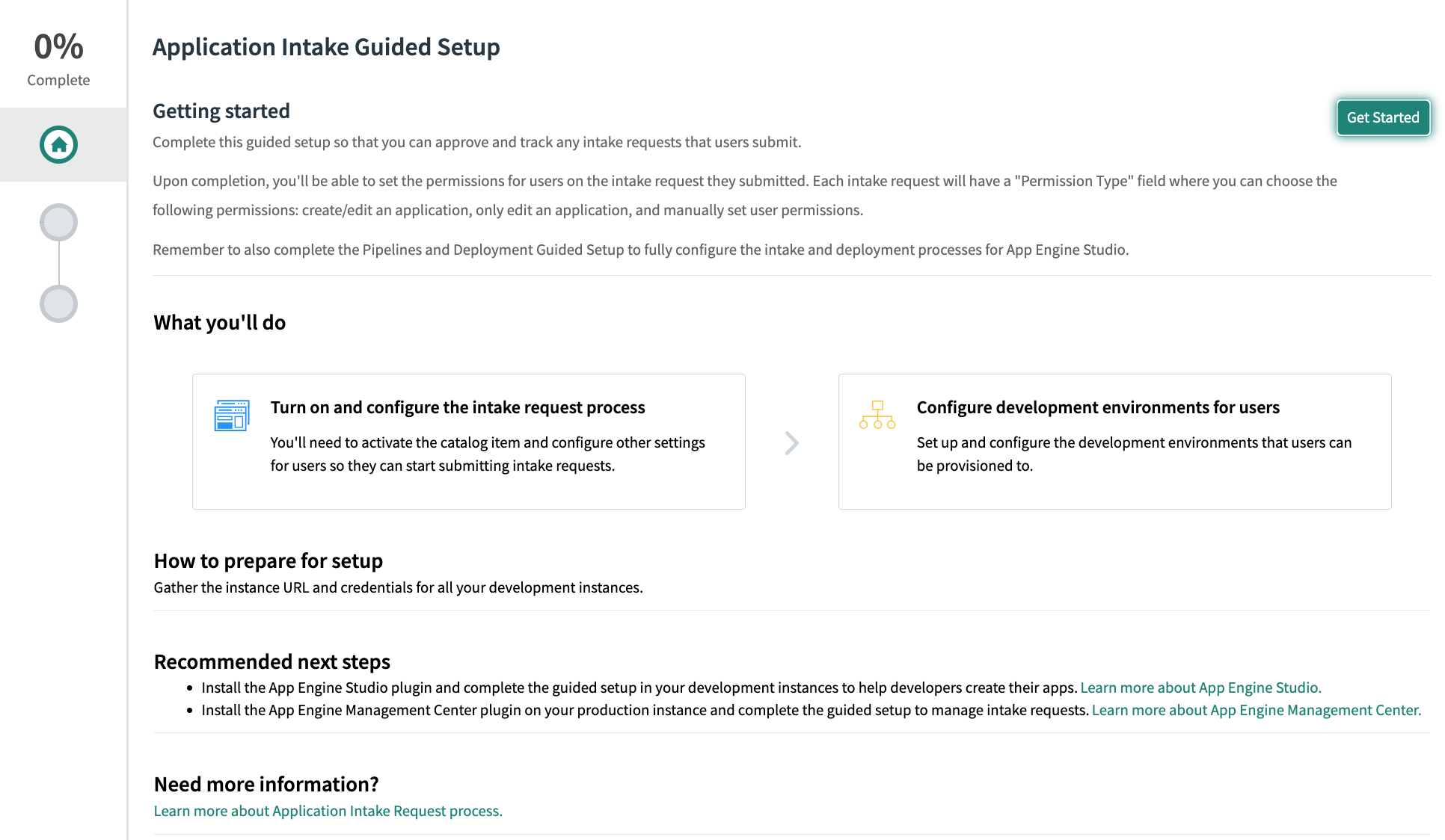 App Intake guided setup landing page