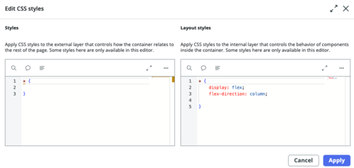 Edit CSS styles modal with style options for containers and layout styles for components inside container.