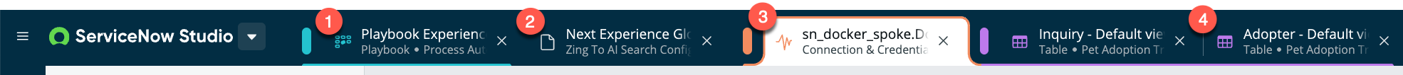 Integrated tabs with different types of files open are color coded and grouped. Upon hovering, see the scope the application or file is in.