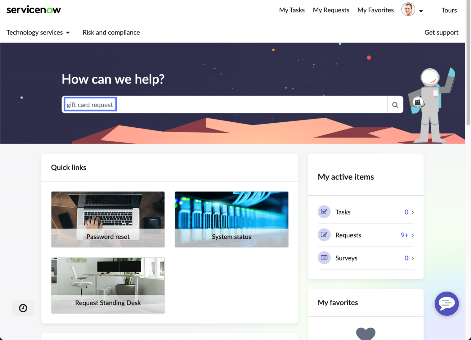 Enter "gift card request" in the search bar