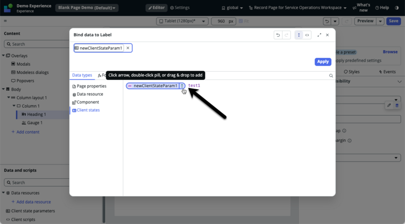 Arrow pointing to the arrow that binds a client state parameter to the label field.