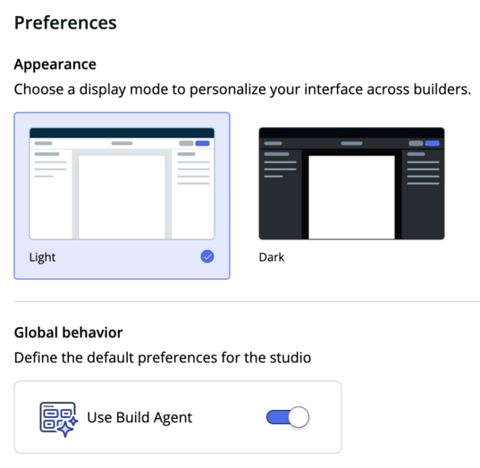 Personalize your interface by choosing light or dark theme. Build Agent is active by default, but you can turn it off to continue using Now Assist for app generation.