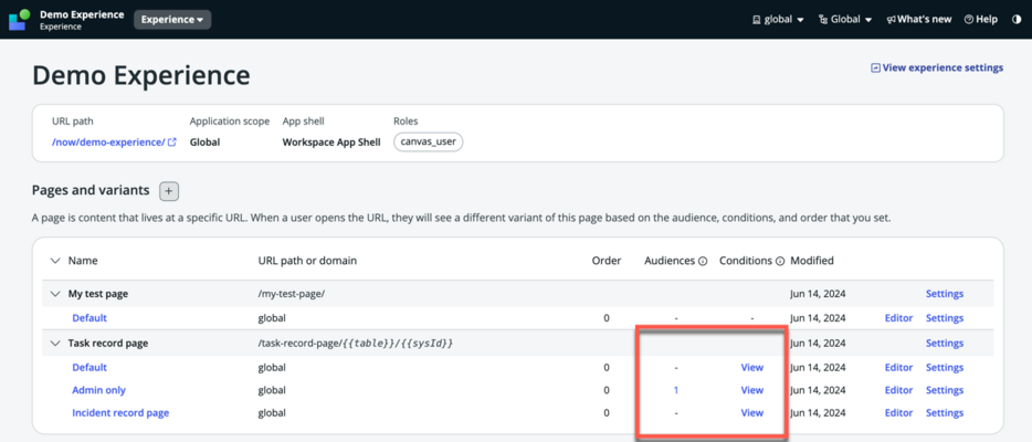 Incident record page in Demo Experience Editor page.