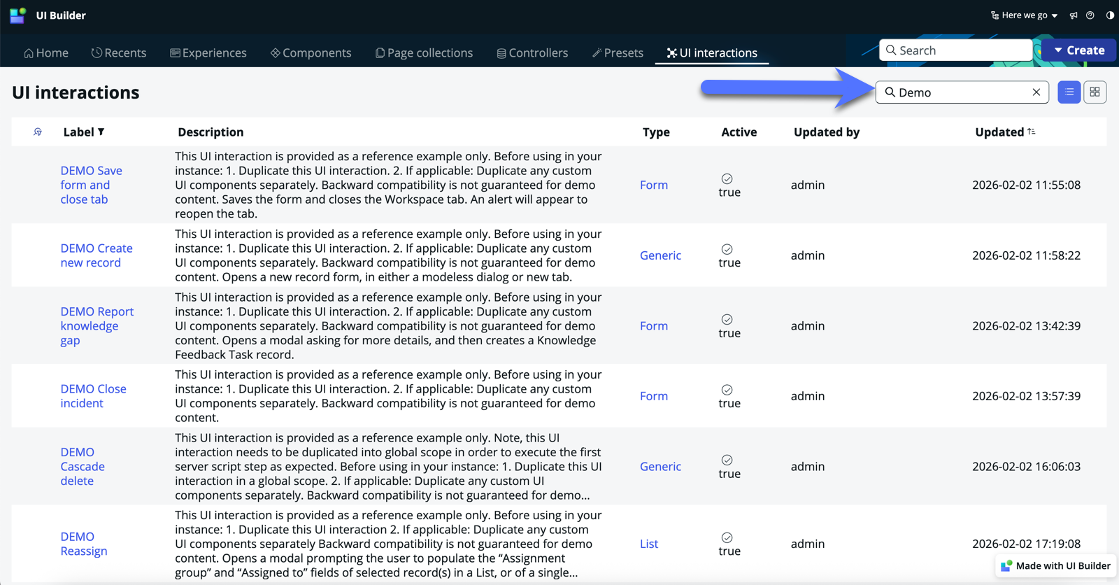 UI interactions list with demo interactions listed.