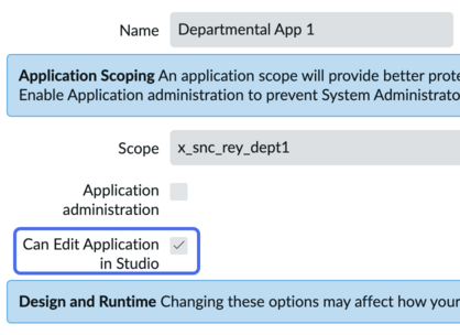 The Can Edit Application in Studio option on each app record does not apply to the new ServiceNow Studio.