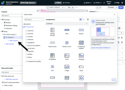 Black arrow pointing to + add content option in content tree next to the toolbox window with Components tab selected.