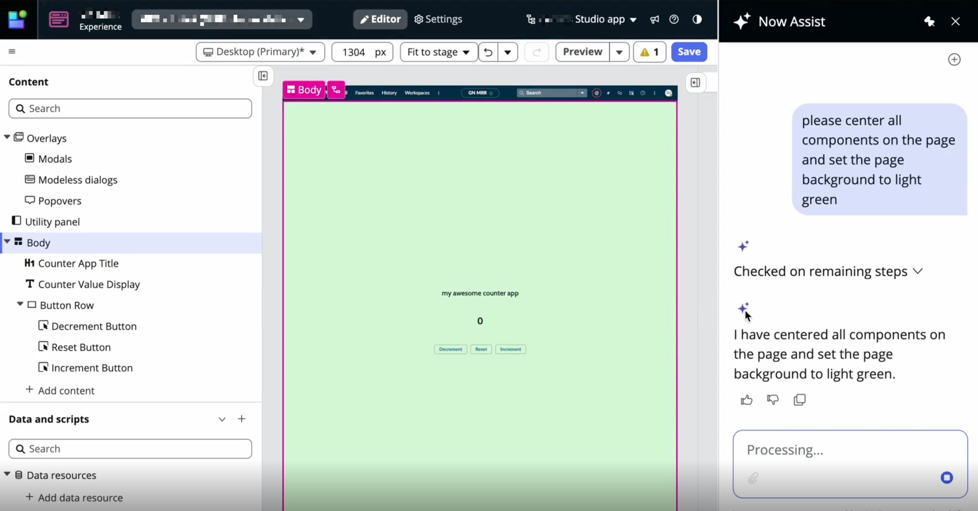 In the Now Assist panel, request a page modification.