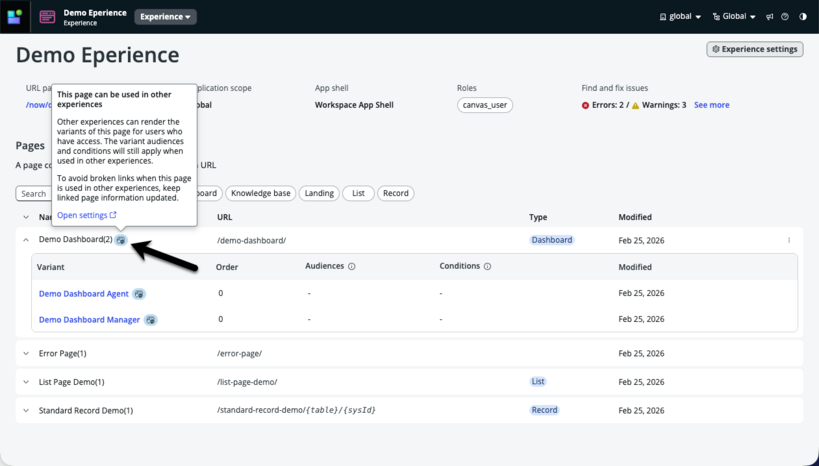 Use across experiences pop up displayed in experience view.