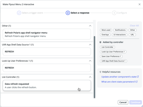 Events modal with the List Controller - Data refresh requested handler selected.