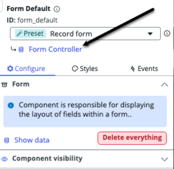 Form configuration panel with configure tab displayed and black arrow pointing to form controller link.