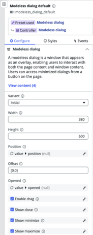 Modeless dialog configuration panel with Configure tab showing presets.