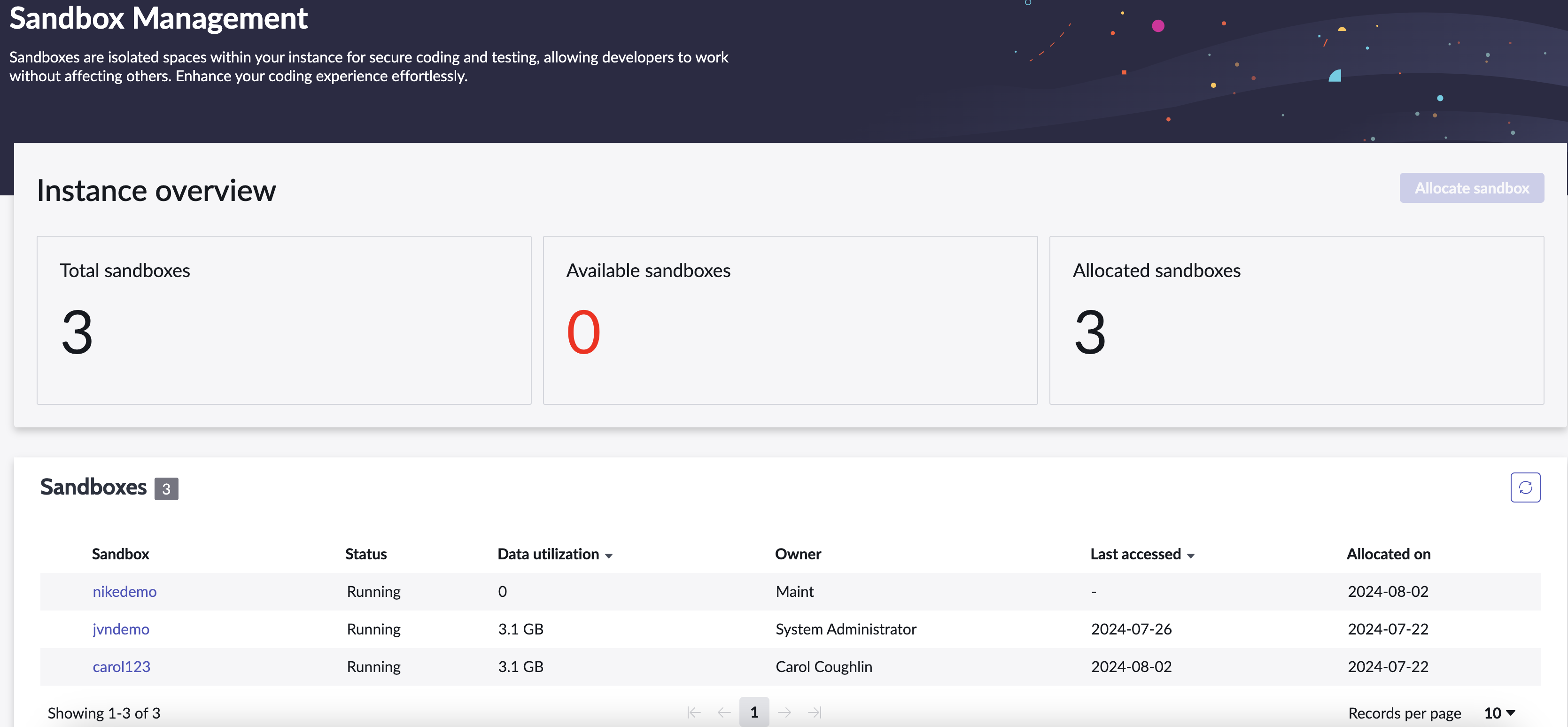 Sandbox Management home dashboard.