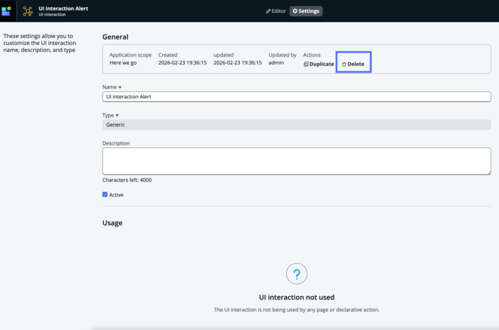 UI interactions Settings page with Delete highlighted.