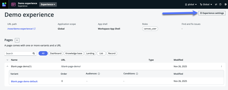 Arrow pointing to the Experience settings link on the experience view page.