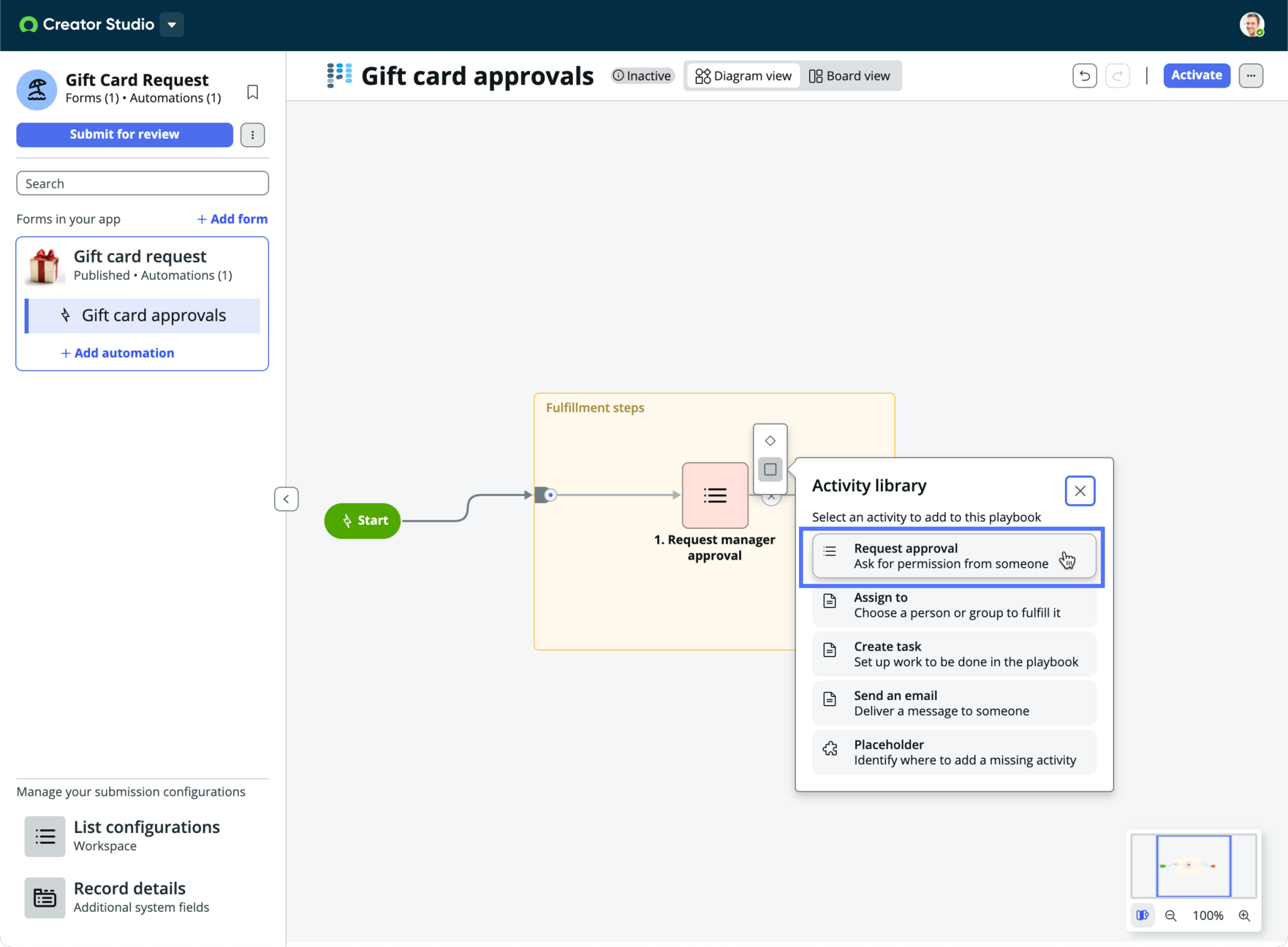Select to add a Request approval activity
