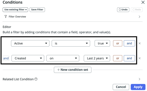 Conditions popup with two conditions displayed.