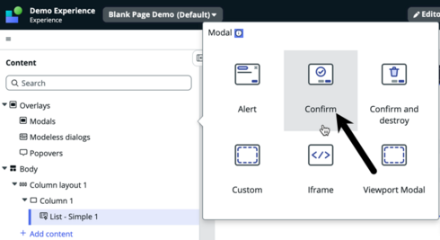 Modal options with the confirm modal highlighted.