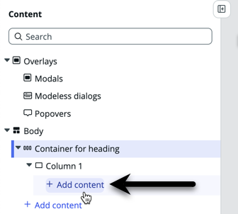 Arrow pointing to + Add content within the container for heading.