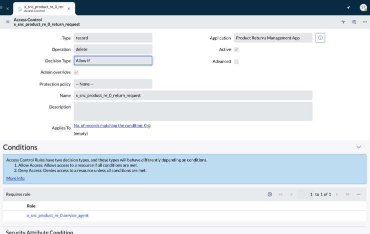 ServiceNow 스튜디오 접근 제어 상세 정보를 보여주는 탭입니다.