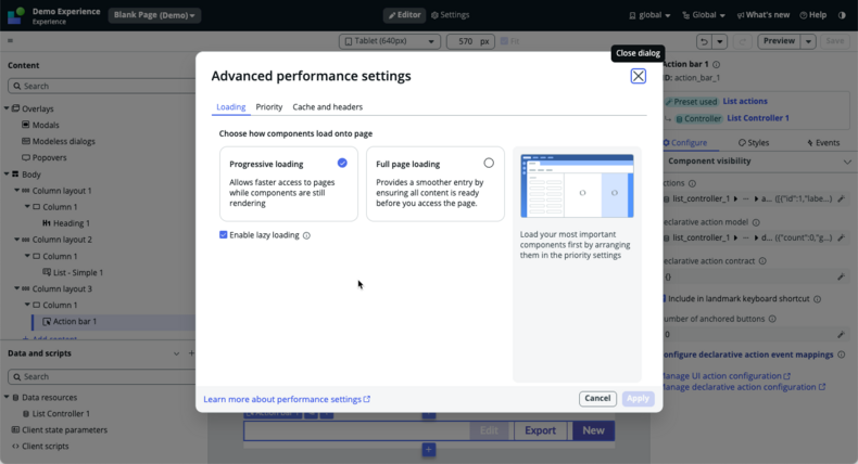 Advanced performance settings modal showing the loading options.