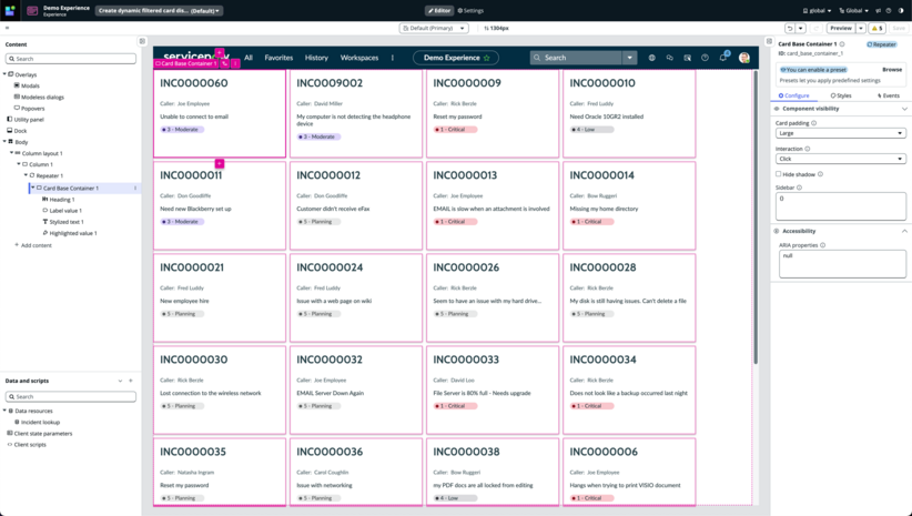 UI Builder editor showing highlighted value in a different color, depending on record priority.